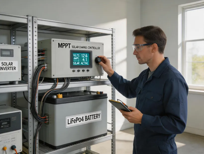 Technician checking solar controller